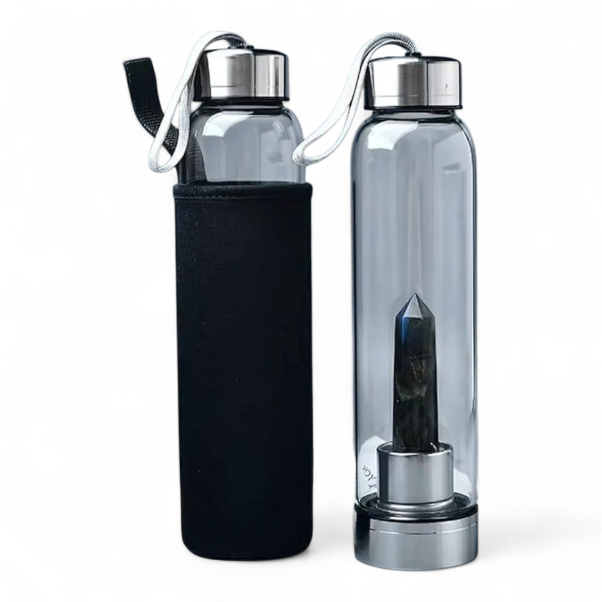 Botella de vidrio con cuarzo obsidiana