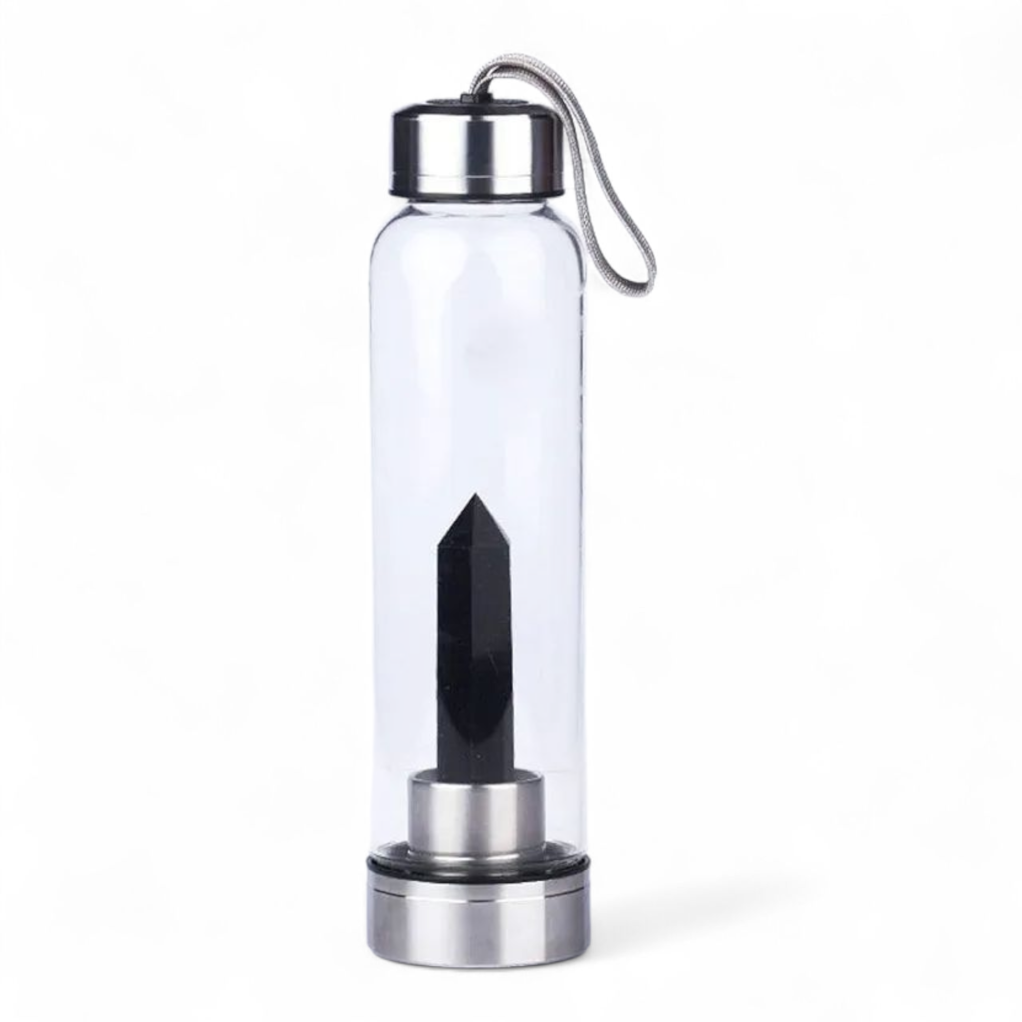 Botella de vidrio con cuarzo obsidiana