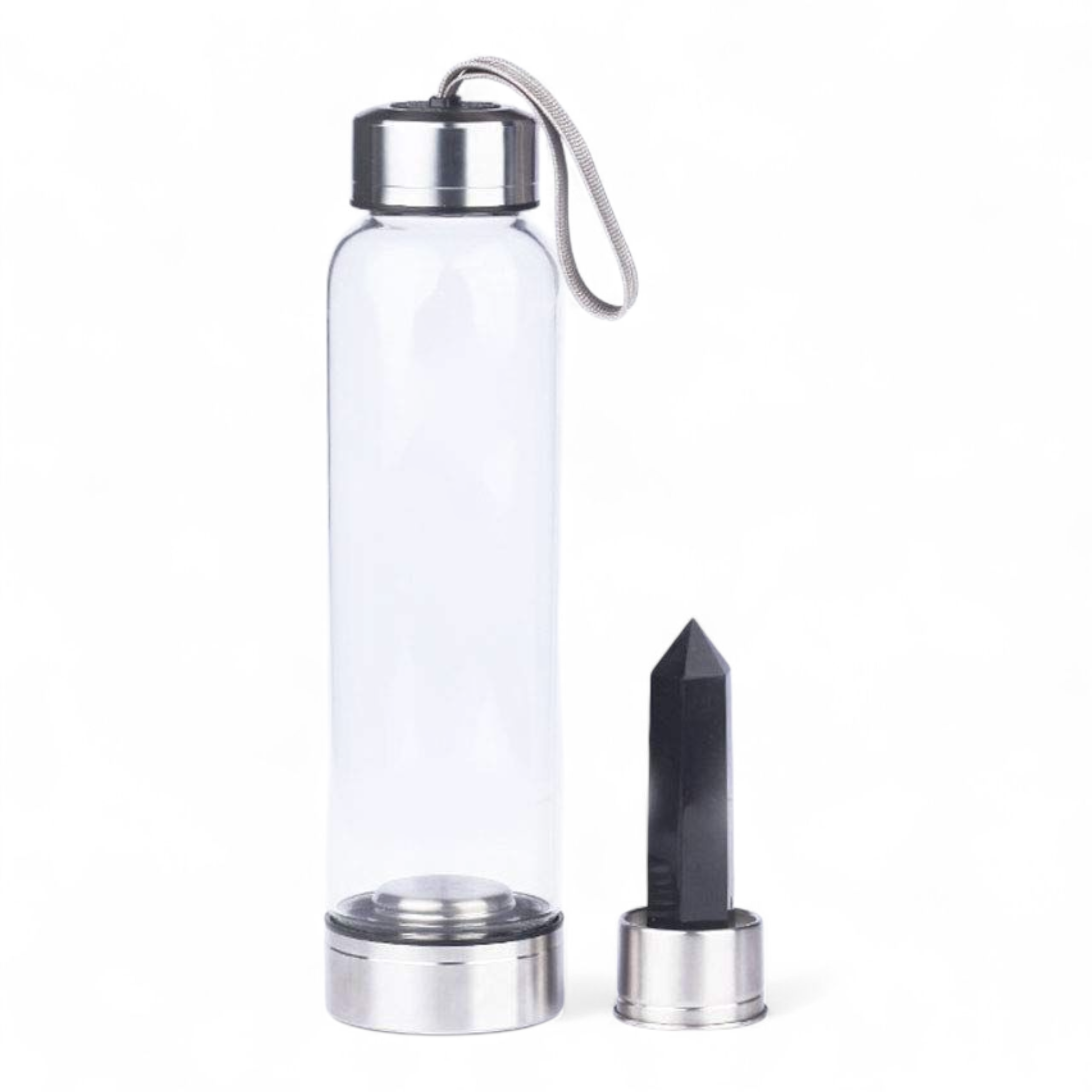 Botella de vidrio con cuarzo obsidiana